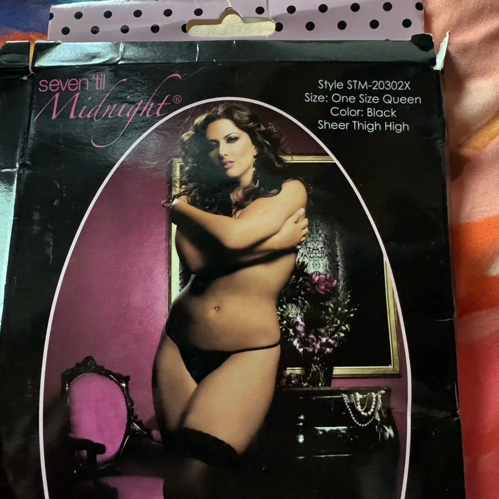 Seven Til Midnight Black Sheer Lace Thigh High Stockings Queen Size NWT